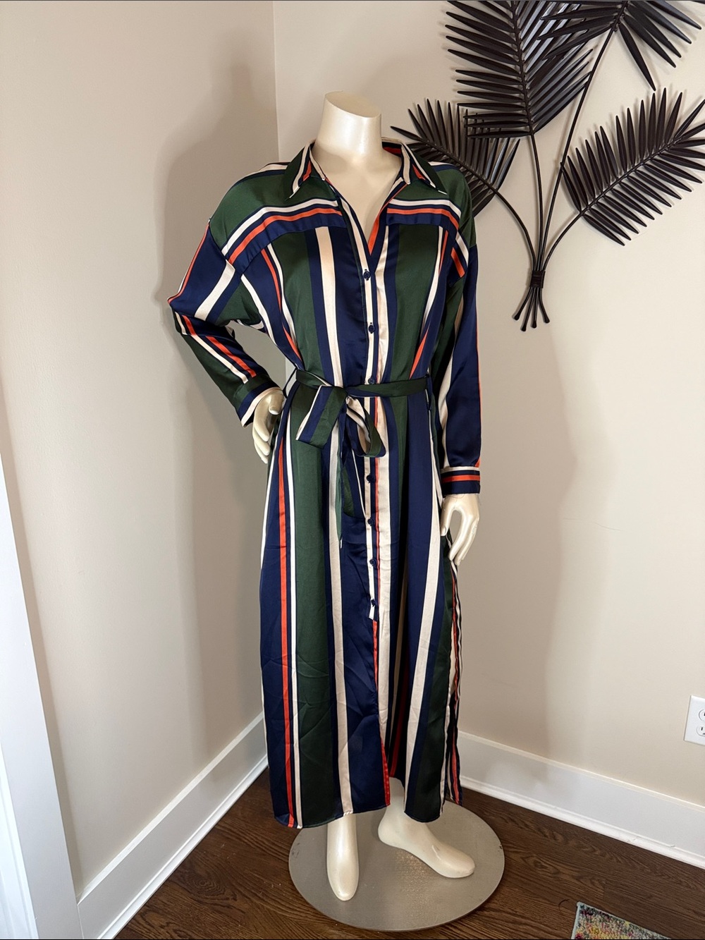 Ark & Co Striped Maxi Shirt Dress in Green, Navy, Orange & Cream